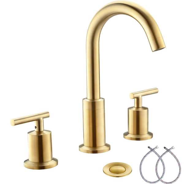 Phiestina 8 in. Widespread Double-Handle Bathroom Faucet with Valve and Metal Pop-Up Drain Assembly in Brushed Gold