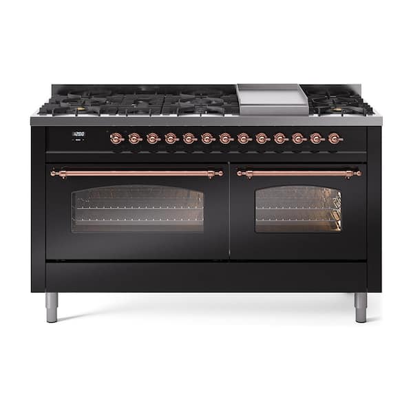 ILVE Nostalgie II 60 in. 9 Burner+Griddle Freestanding Double Oven Dual Fuel Range in Glossy Black with Copper