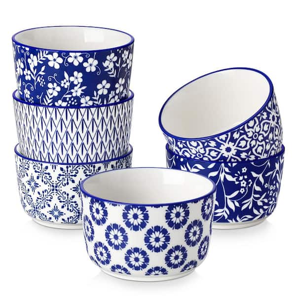 MALACASA 6-Piece 6 oz. Round Porcelain Ramekins Set Baking Cups Mini Blue and White Patterns Bowls for Baking Dip Sauce Desserts