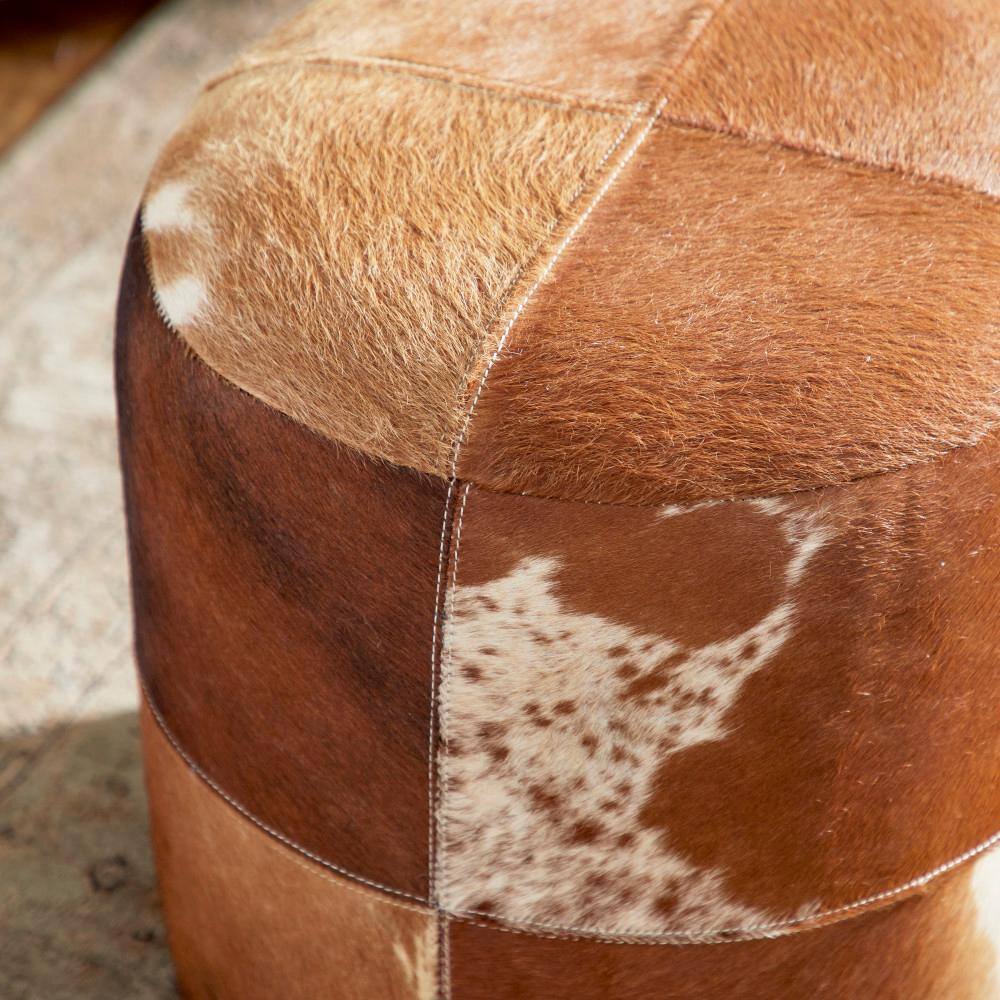 Handmade Patchwork Leather Cylinder Ottoman in Brown - 16" x 16" x 16"