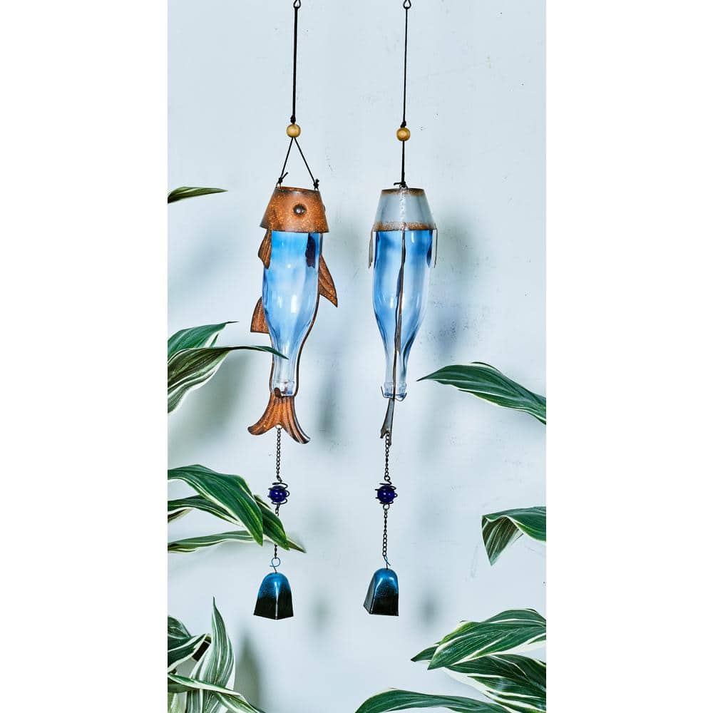 Blue Glass and Metal Fish Wind Chimes with Beads, Set of 2