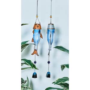 32 in. Extra Large Blue Metal Fish Windchime with Glass Bottle Body and Beads (2- Pack)