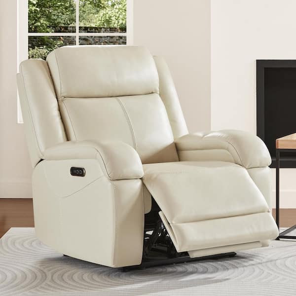 Auberon Cream Genuine Leather Wall Hugger Oversized RV Power Recliner Chair with Adjustable Headrest and Charging Port