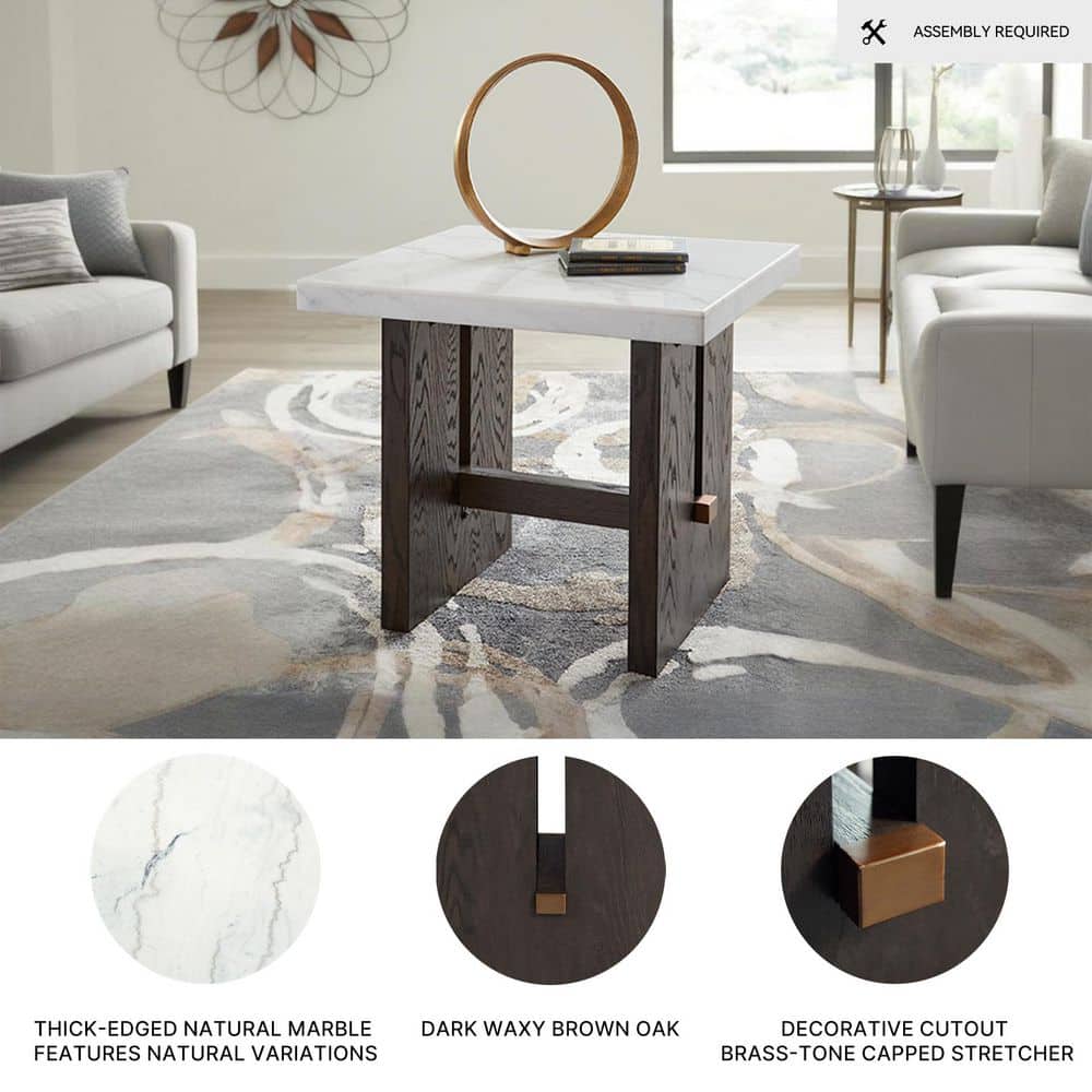 Burkhaus 26 in. White / Dark Brown Rectangle Marble End Table with Trestle Base - thumbnail 6