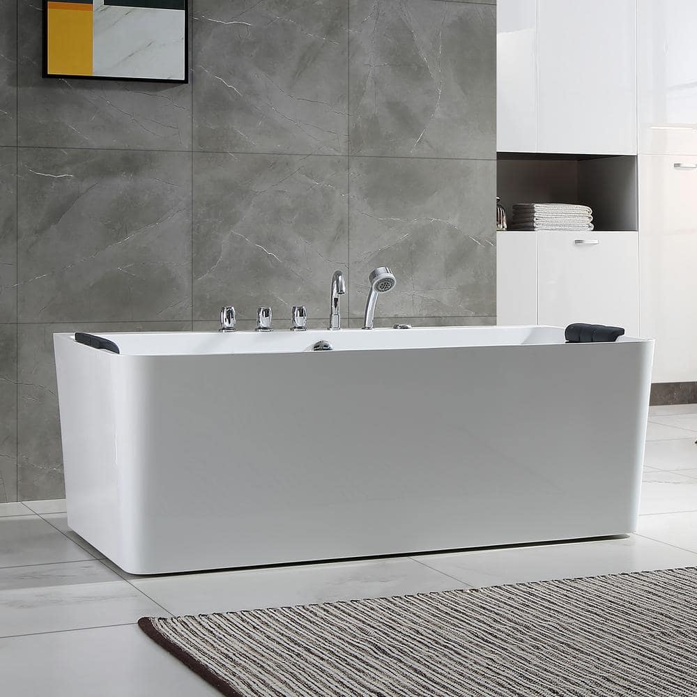 67'' White Acrylic Freestanding Whirlpool Bathtub with Faucet