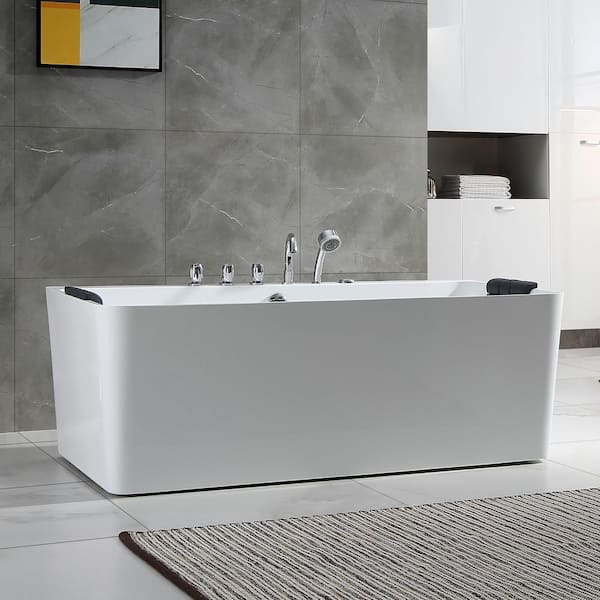 Luxury 67 in. Center Drain Acrylic Freestanding Flatbottom Whirlpool Bathtub in White with Faucet