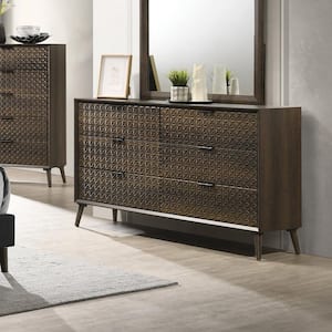 Thease Dark Brown 6-Drawer 61 in. Dresser with Textured Drawer Front Panels and Tapered Legs