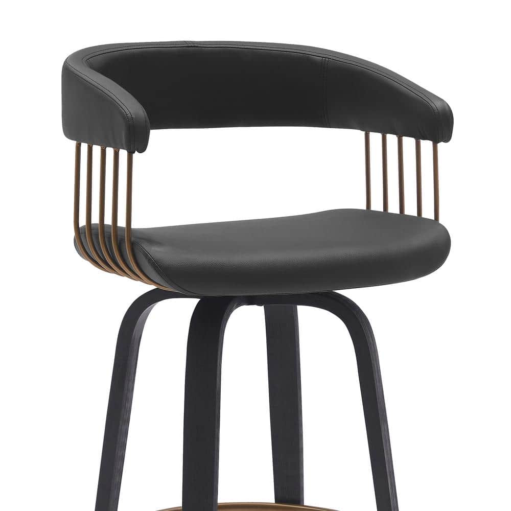Adjustable Black Faux Leather Swivel Bar Stool with Walnut Wood