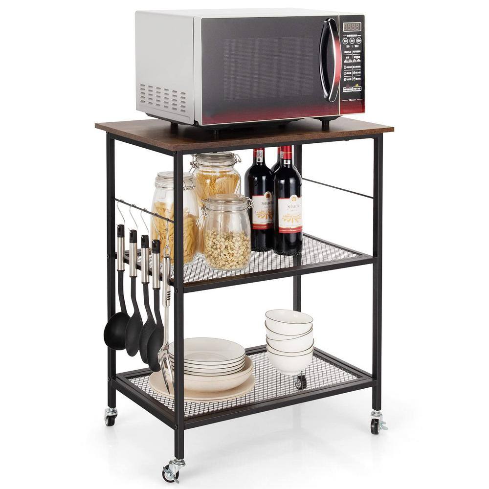 3-Tier Brown Kitchen Serving Cart Utility Standing Microwave Rack with Hooks - thumbnail 4