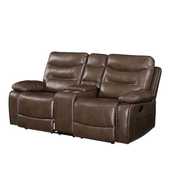 Benjara 77.75 in. Brown Solid Leather 2-Seater Motion Loveseat with Tufted Seat
