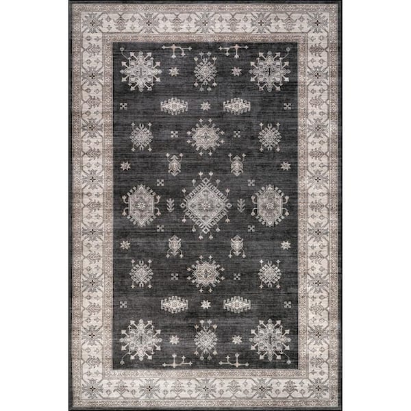 Andrea Bordered Spill Proof Washable Charcoal 6 ft. x 6 ft. Indoor Area Rug