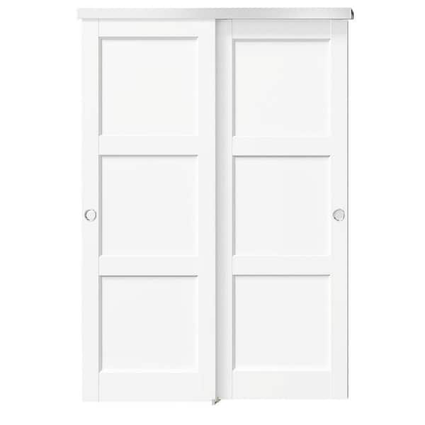 48 in. x 80 in. White, Solid Core, MDF and DIY Painted Double 3 Panel Bypass Sliding Door with Aluminium Hardware