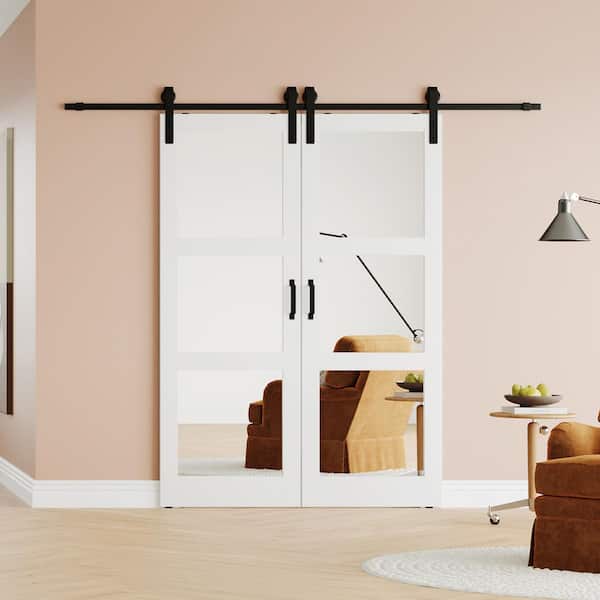 60 in. x 84 in. 3 Lite, 2-Sided Mirrored Glass MDF White Sliding Barn Door with Hardware Kit, Need to Assemble