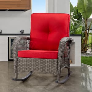 Wicker Outdoor Rocking Chair Patio with Red Cushion (1-Pack)