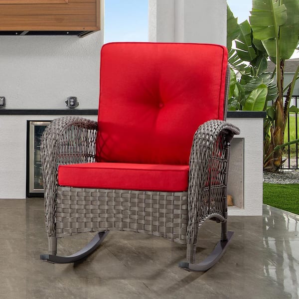 JOYSIDE Wicker Outdoor Rocking Chair Patio with Red Cushion (1-Pack)
