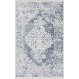 Astra Machine Washable Blue Ivory 2 ft. x 4 ft. Distressed Traditional Area Rug