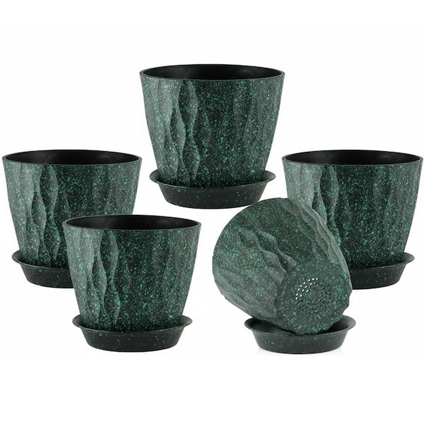 5-Pack 7 in. Black/Green Speckles Plastic Plant Pots (Wave Texture, Drainage and Saucers)