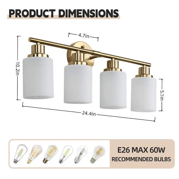 24 in. 4 Light gold Grain Finish Vanity Light Fixture Bathroom Over Mirror Wall Lights with Clear Glass Shades(No Bulbs)