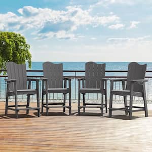Dark Grey Plastic Adirondack Outdoor Bar Stool with Cup Holder Weather Resistant Wave Design Bar Chair(4-Pack)