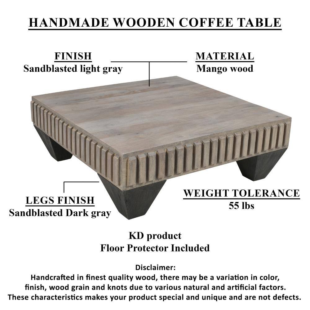 Handcrafted Sandblasted Gray Mango Wood Square Coffee Table with Tapered Legs