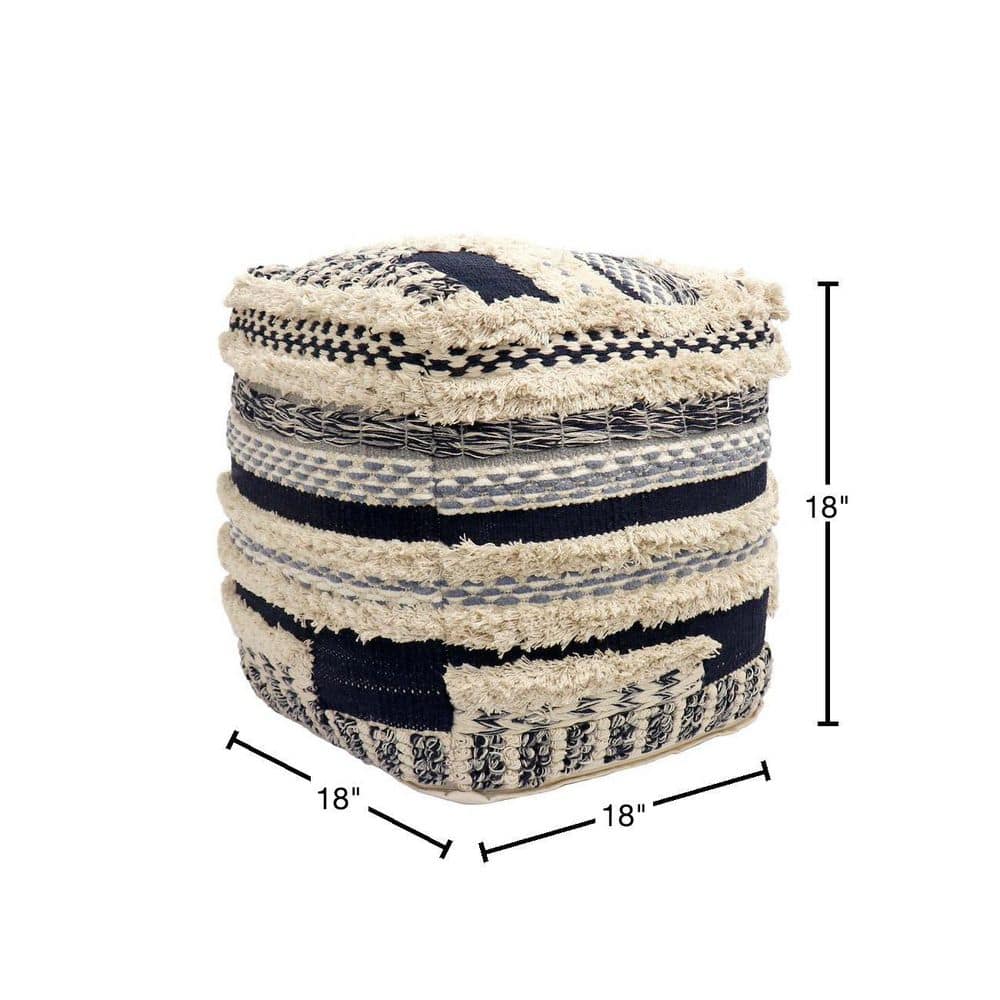 Navy and Beige Handwoven Cotton Shaggy Pouf