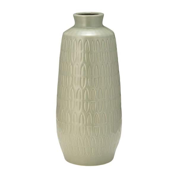 Liv & Skye 15 in. Green Ceramic Cylinder Carved Design Light Colored Decorative Vase