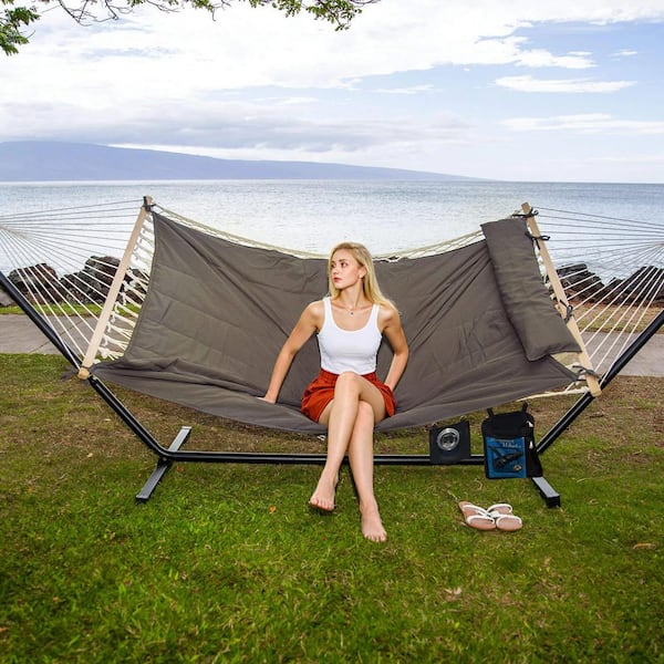10 ft. x 12 ft. Quilted Rope Hammock and 12 ft. Steel Stand with Detachable Pillow, Dark Gray