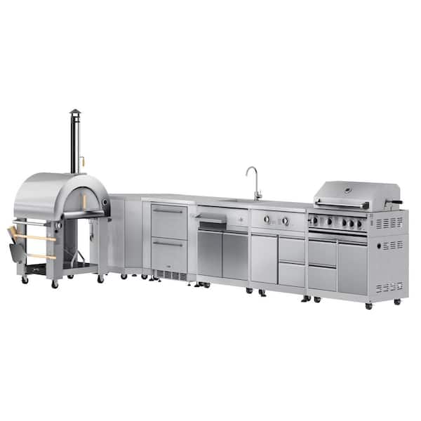 Outdoor Kitchen with DF Pizza Oven, Corner Cabinet, Refrigerator, Sink, Side Burner and 30 in. Grill in Stainless Steel