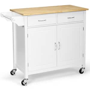 White MDF Material 360° Swivel Kitchen Trolley Cart Storage Organizer with 2-Drawers and Doors