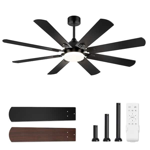 62 in. Outdoor/Indoor Black Downrod Mount Ceiling Fan with Light, Dual-Finish Blades, Remote Control, for Living Room