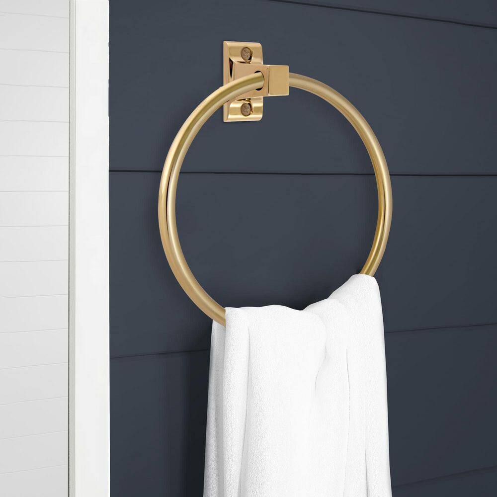 Polished Brass Wall Mounted Towel Ring with Squared Details