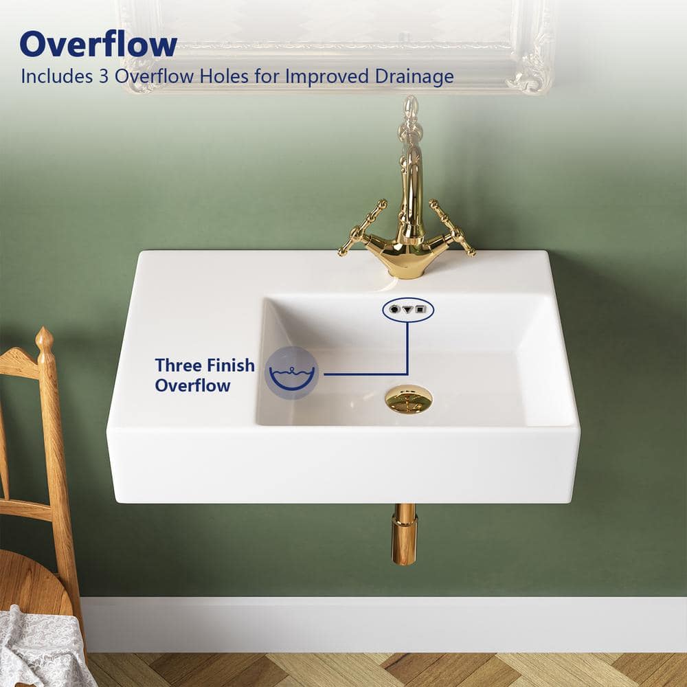 23.43'' White Ceramic Rectangular Wall Mount Bathroom Sink with Overflow