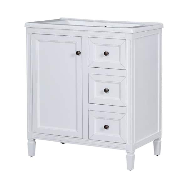 Zeus & Ruta 30 in. W x 18 in. D x 33.8 in. H Single Sink Bath Vanity in White with White Ceramic Top, 3 Drawers and Door Shelf