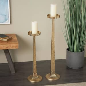 Gold Aluminum Metal Tall Hammered Candle Holder (Set of 2)