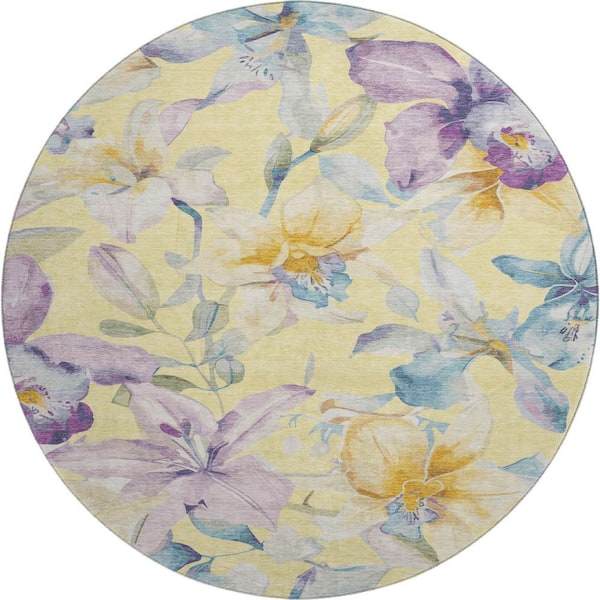 Mayfield Premium Machine Washable Abstract AMF2262 Yellow 8 ft. x 8 ft. Round Rug