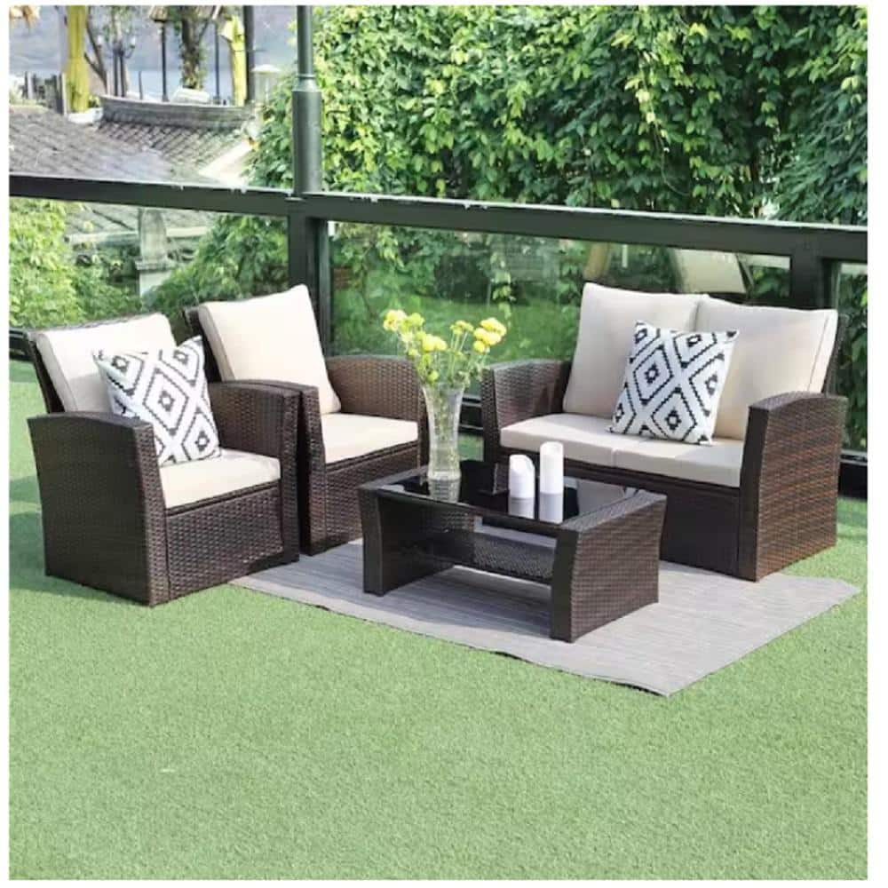 Outdoor Patio Furniture Set Brown 4 -Piece Pe Rattan Wicker Patio Conversation Set with Beige Cushions and Coffee Table price history on PriceWatchPro