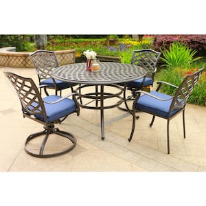 Zed 5-Piece Aluminum 49"Round Table Outdoor Dining Set with Navy Blue Cushion for Gazebo Patio Balcony
