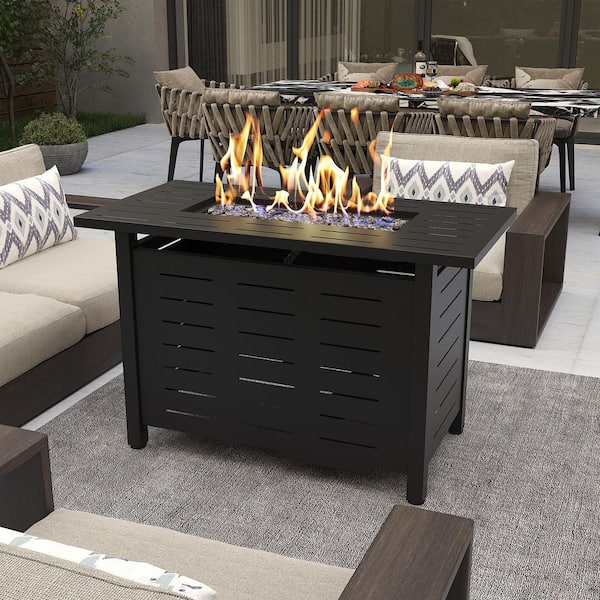 40 in. 50,000 BTU Black Metal Rectangular Outdoor Fire Pit Table with Removable Lid, Lava Rocks