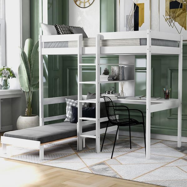 White Convertible Loft Bed with L-Shape Desk Twin Bunk Bed with Shelves and Ladder