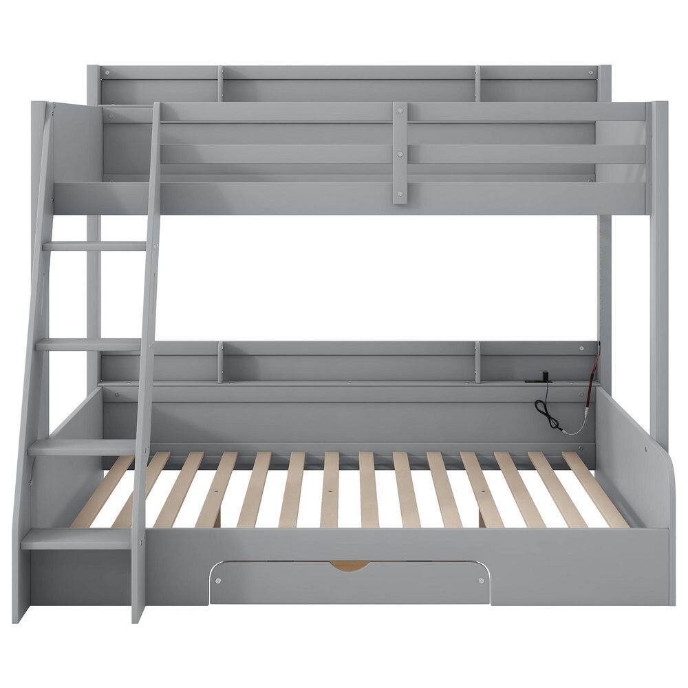Gray Twin over Full Bunk Bed with Storage Shelves, Drawer, LED Light and Charging Station