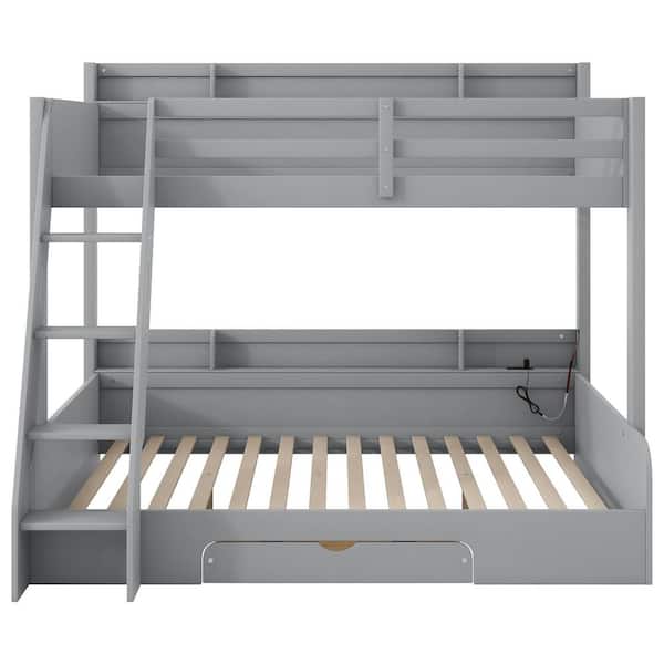 Gray Twin over Full Bunk Bed with Storage Shelves, Drawer, LED Light and Charging Station
