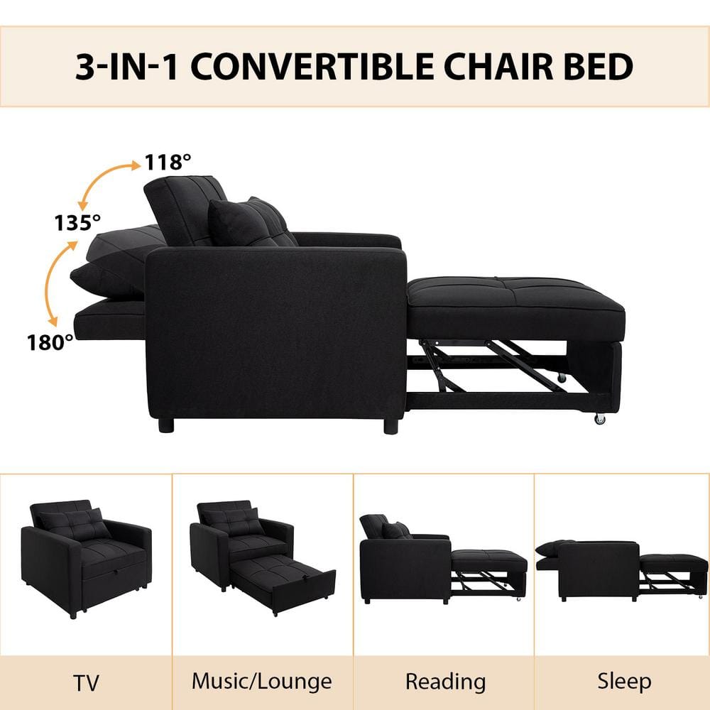 Black Linen Convertible Sleeper Accent Chair with Metal Frame