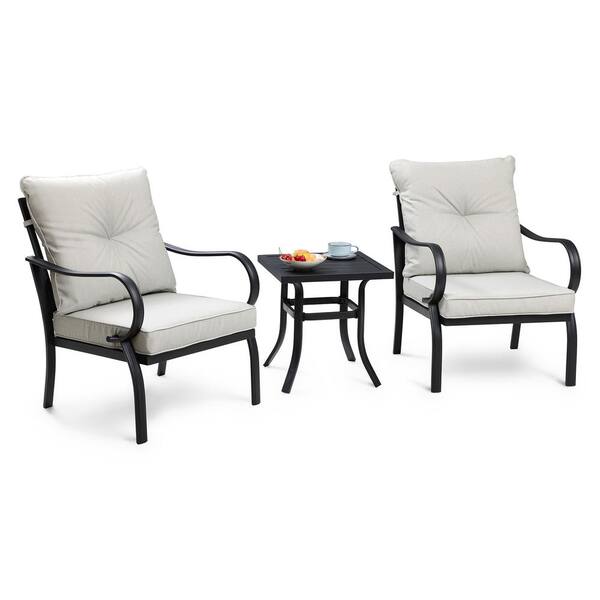 Unbranded UV Protected Black 3-piece Metal Outdoor Patio Conversation Set with Beige Cushions