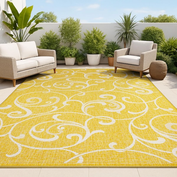 JONATHAN Y Maribel Traditional Classic All-Over Scroll Yellow/Cream 5 ft. x 8 ft. Indoor/Outdoor Area Rug