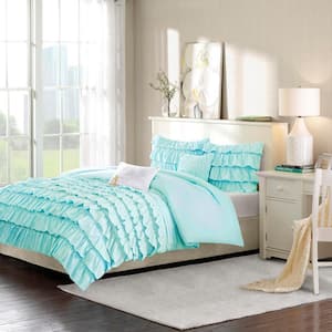 Intelligent Design Waterfall Ruffled Multi-Layers Cotton Comforter Set Twin Size, 4 Pieces Blue Duvet Cover Set