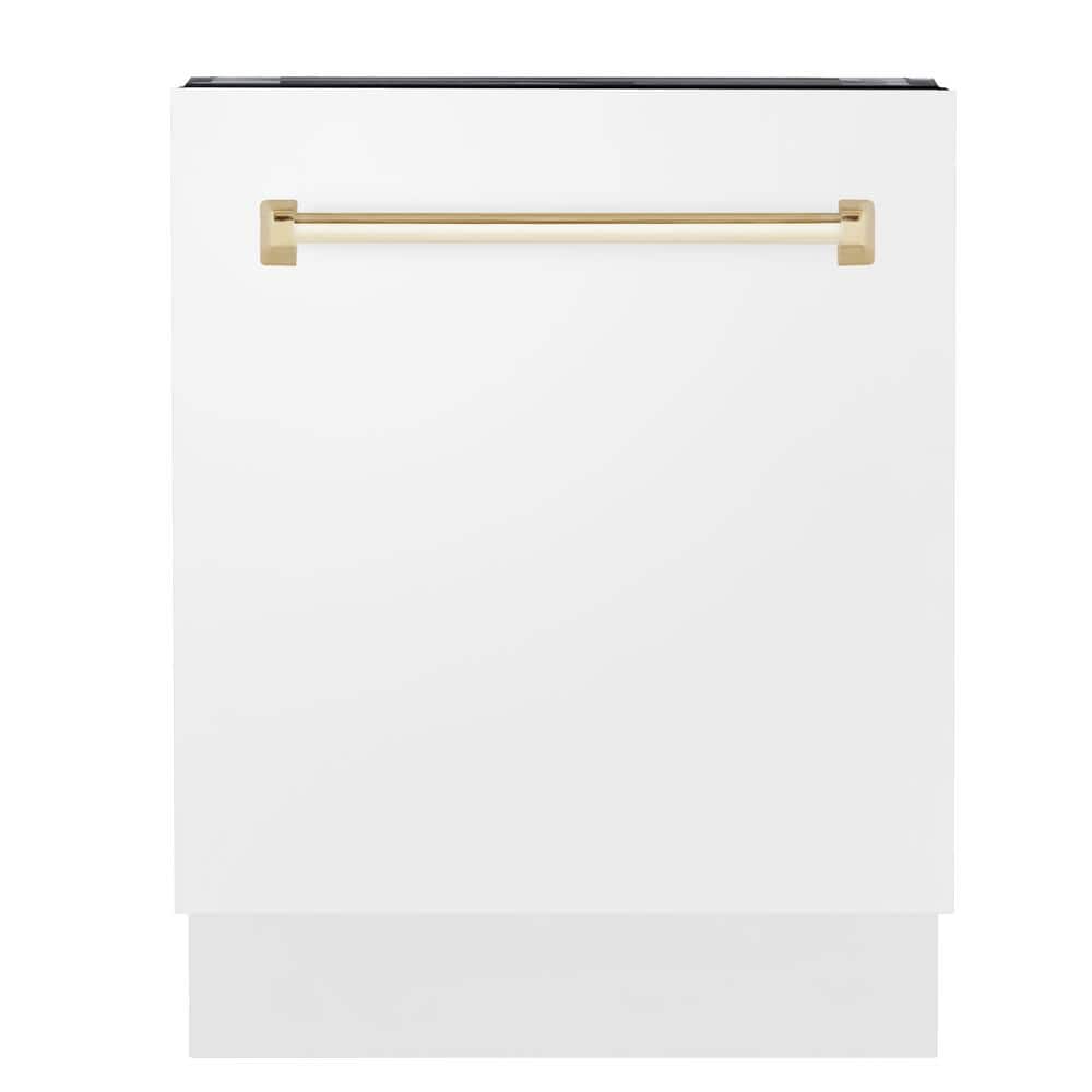 ZLINE Kitchen and Bath Autograph Edition 24 in. Top Control 8-Cycle Tall Tub Dishwasher with 3rd Rack in White Matte and Polished Gold, White Matte & Polished Gold
