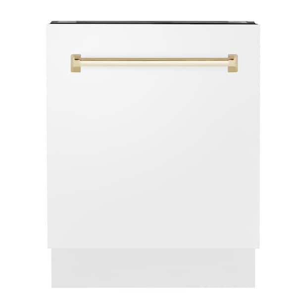 ZLINE Kitchen and Bath Autograph Edition 24 in. Top Control 8-Cycle Tall Tub Dishwasher with 3rd Rack in White Matte and Polished Gold