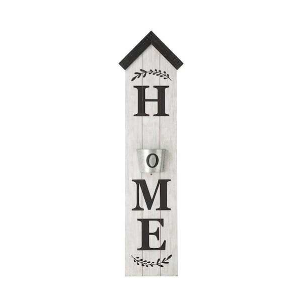 Glitzhome 42 in. H Wooden Natural HOME Porch Sign with Metal Planter