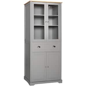 Gray Wood 30 in. W Kitchen Pantry Cabinet Storage with Adjustable Shelves and Glass Doors