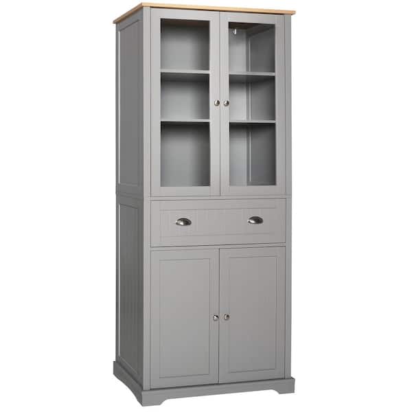 VEIKOUS Gray Wood 30 in. W Kitchen Pantry Cabinet Storage with Adjustable Shelves and Glass Doors
